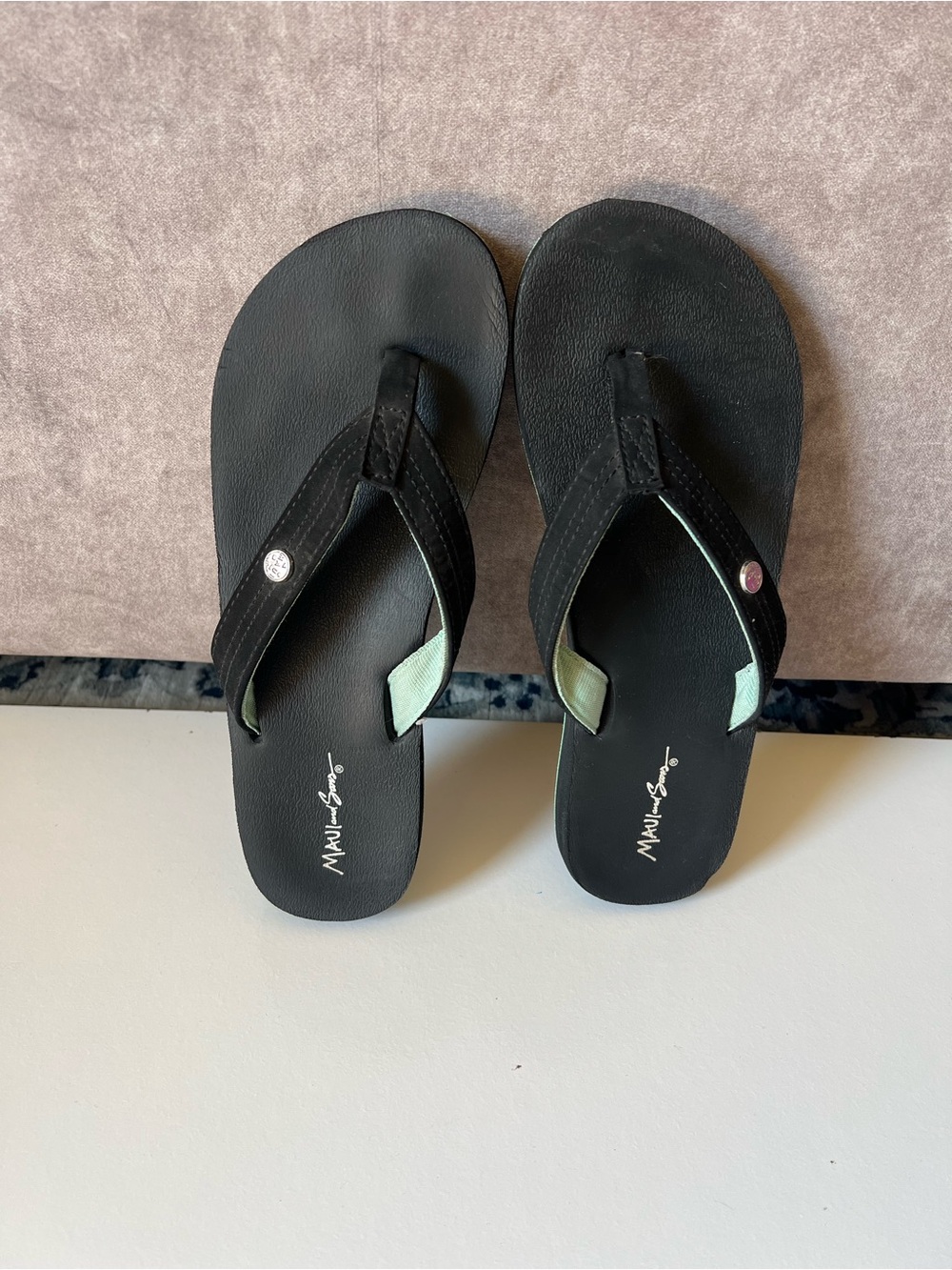 Maui and Sons Black Flip Flop Sandals with Mint Accents